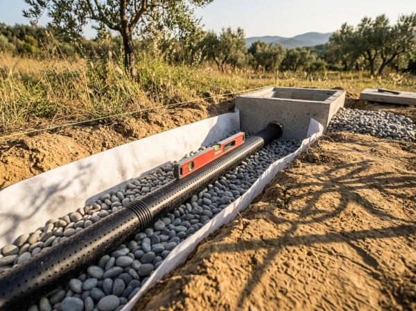 Tuyau drainant PVC posé avec pente et regard de visite à Fréjus dans le Var